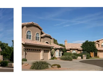 Arizona stucco home with driveway and palms